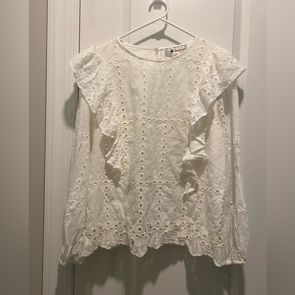 NWT A.Calin By Flying Tomato Ruffled White Cotton Eyelet Blouse SZ L Boho Look